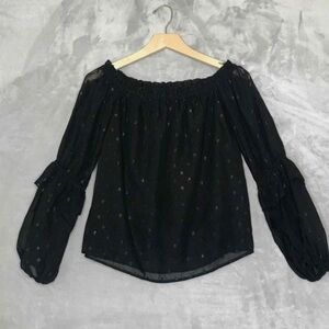 Bebe Top Womens S Black Swiss Dot On or Off The Shoulder Boho Sheer Bell Sleeve